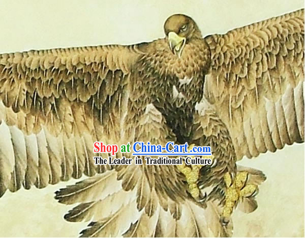 Chinese Classic Large Hand Carved Wood House Solid Decorative Painting-Eagle Flying in the Sea