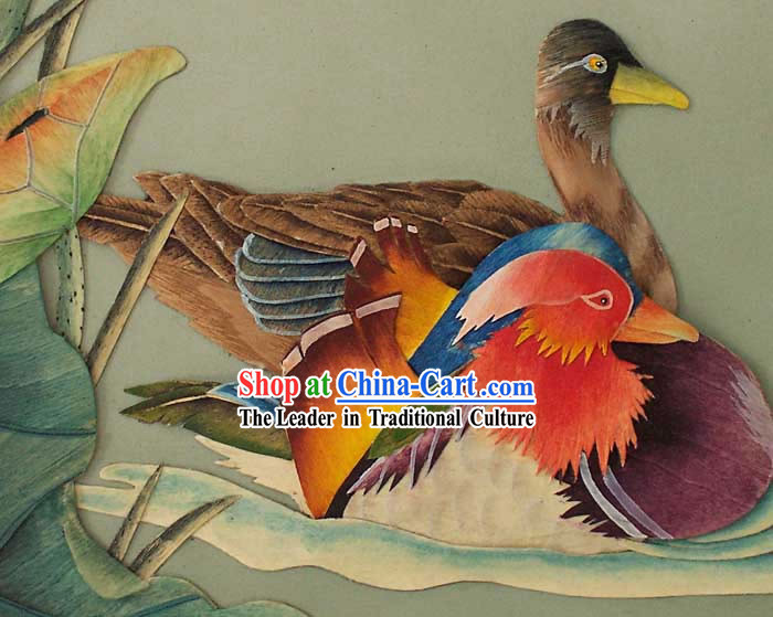 Chinese Classic Large Hand Carved Wood House Solid Decorative Painting-Mandarin Duck Couple