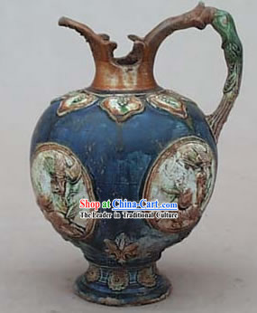 Chinese Classic Archaized Tang San Cai Statue-Lotus Kylin Kettle