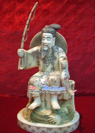 Chinese Classic Ox Bone Handicraft Sculpture Statue-Ancient Old Fishing Man