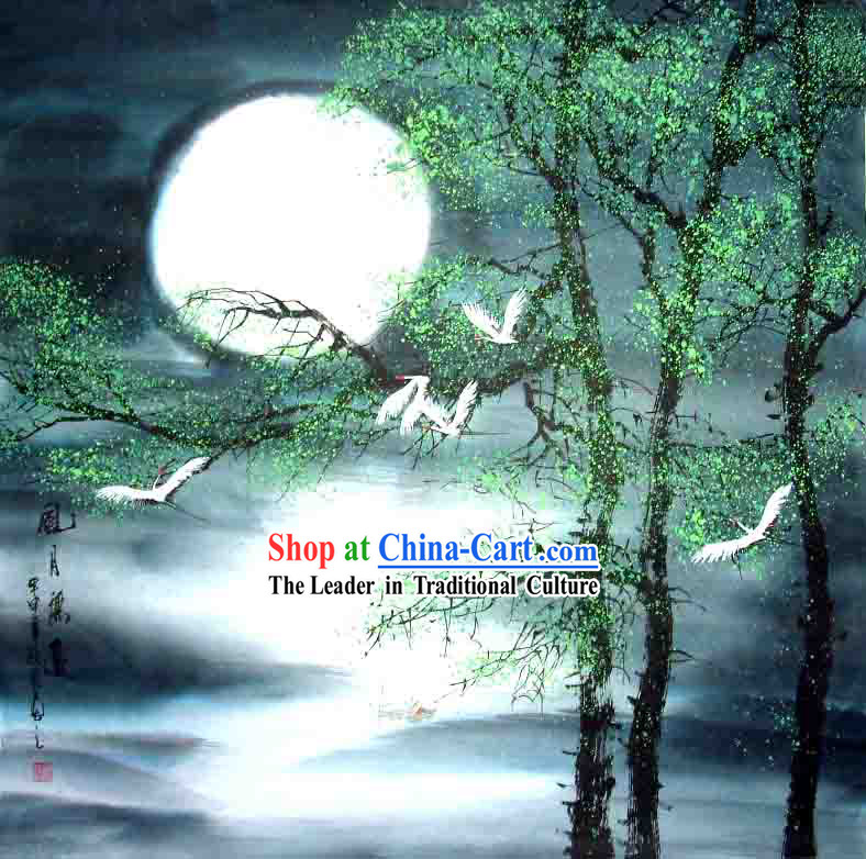 Chinese Wash Painting-Cranes under The Moon