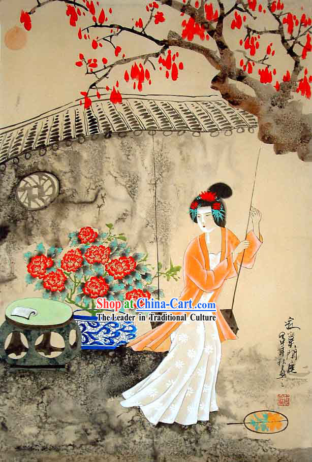 Chinese Traditional Wash Painting-Ancient Palace Beauty Playing The Swing