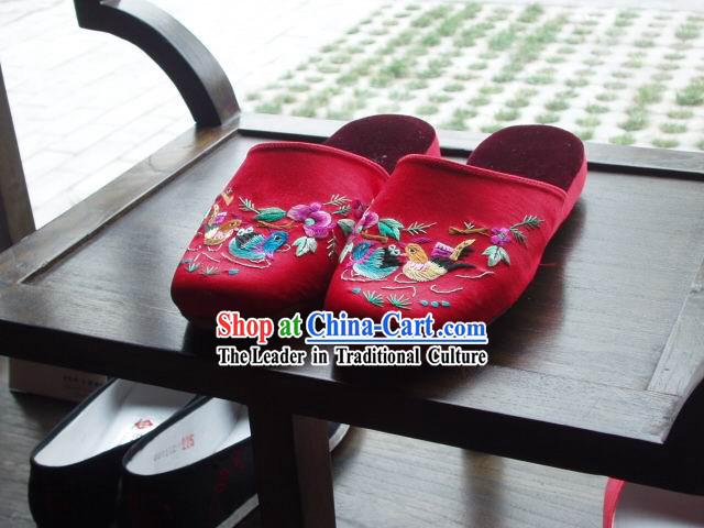 Chinese Handmade Embroidery Folk Slippers for Women _mandarin ducks_