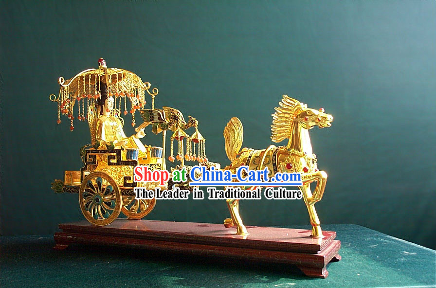 Chinese Stunning Gold Brass Cloisonne Ancient Princess and Carriage Statue