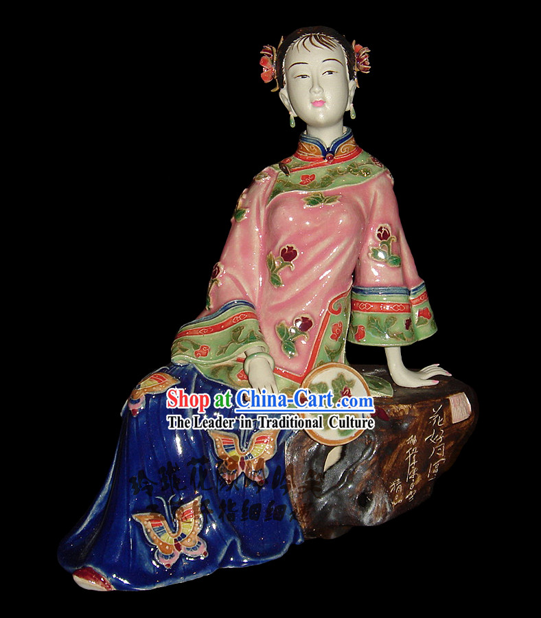 Chinese Stunning Colourful Porcelain Collectibles-Ancient Beauty With Fan
