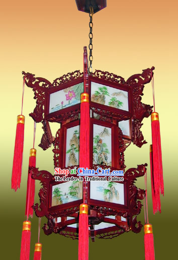 Large Chinese Hand Made and Painted Landscape Two Layers Palace Lantern
