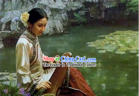 Chinese Oil Painting-Ancient Woman Playing Koto