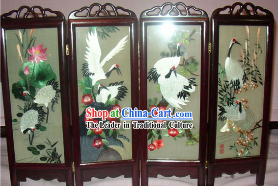 Chinese Double-Sided Embroidery Folding Screen Handicraft-Cranes