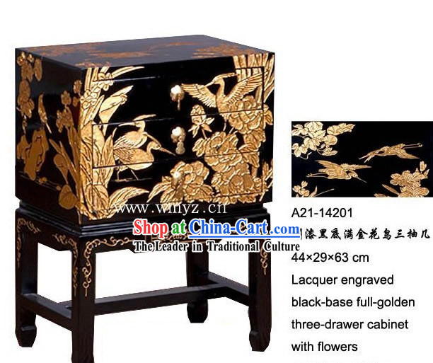 Lacquer Engraved Black-base Full-golden Three-drawer Cabinet with Flowers