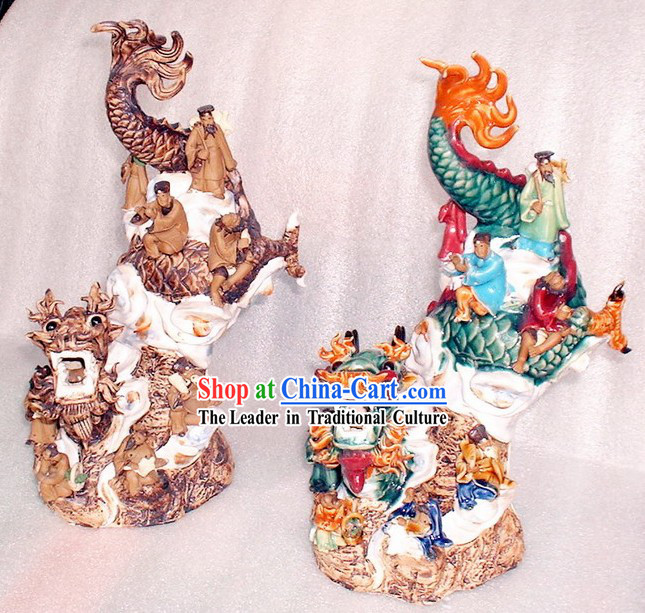 Chinese Classic Shiwan Ceramics Statue-Eight Fairies Crossing Dragon on Dragon