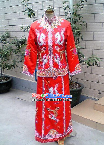 Chinese Traditional Lucky Red Phoenix and Dragon Wedding Dress Complete Set