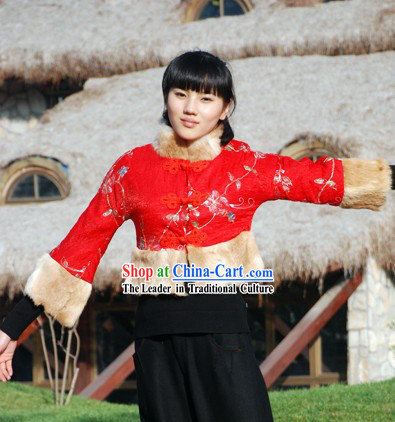 Chinese Classical Lucky Red Rabit Fur Flowery Short Blouse