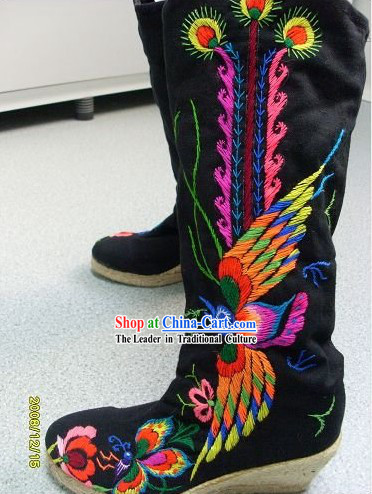 Chinese Classic Handmade and Embroidered Phoenix Long Boots