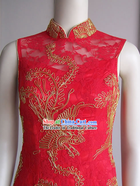 Stunning Mandarin Gold Phoenix Lucky Red Cheongsam _Qipao_