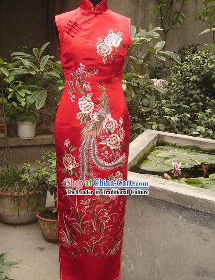Chinese All Hand Embroidery Phoenix Long Silk Cheongsam _Qipao_