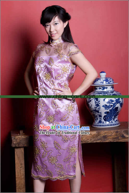 Supreme Chinese Stunning Purple Gold Flower Long Cheongsam _Qipao_