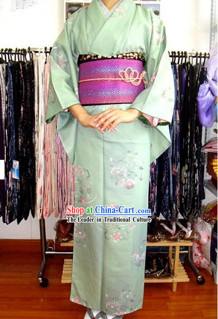 Traditional Japanese Romantic Light Blue Kimono and Belt Complete Set