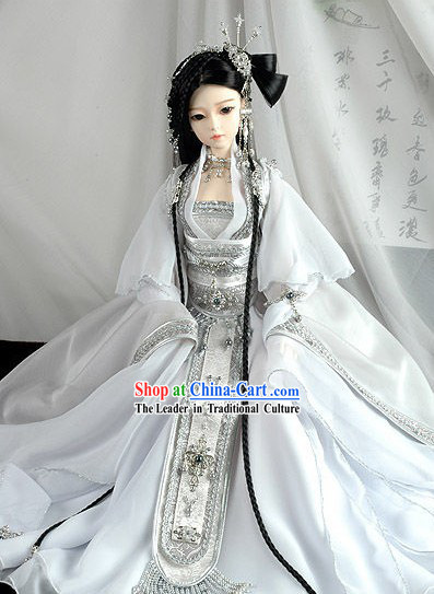 Supreme Chinese BJD Costume White Wedding Bride Veil Clothing, Wig and Hair Decoration Complete Set