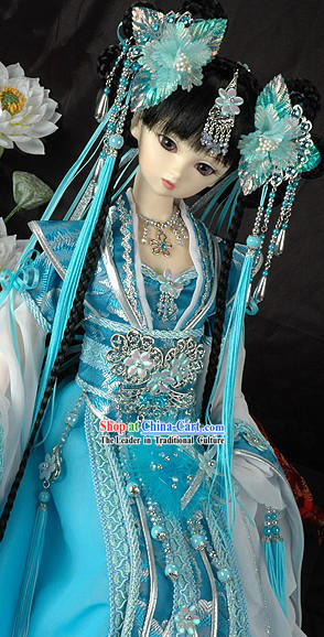 Chinese Ancient Blue Princess Costume and Hair Accessories Complete Set BJD Ancient Chinese Traditional Dress Female