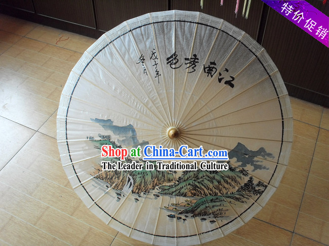 Traditional Chinese Hand Painting Beach, Rain and Sun Landscape Umbrella