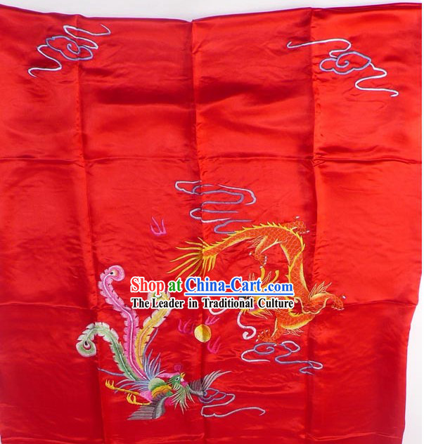 Chinese Classic Lucky Red Hand Embroidery Silk Bedcover - Dragon and Phoenix