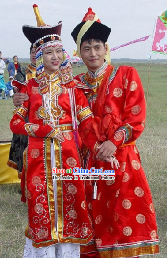 Mongolian Wedding Dress and Hat Complete Set for Bride and Bridegroom