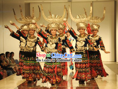 Chinese Traditional Miao Dance Costume and Miao Silver Jewlery Complete Set