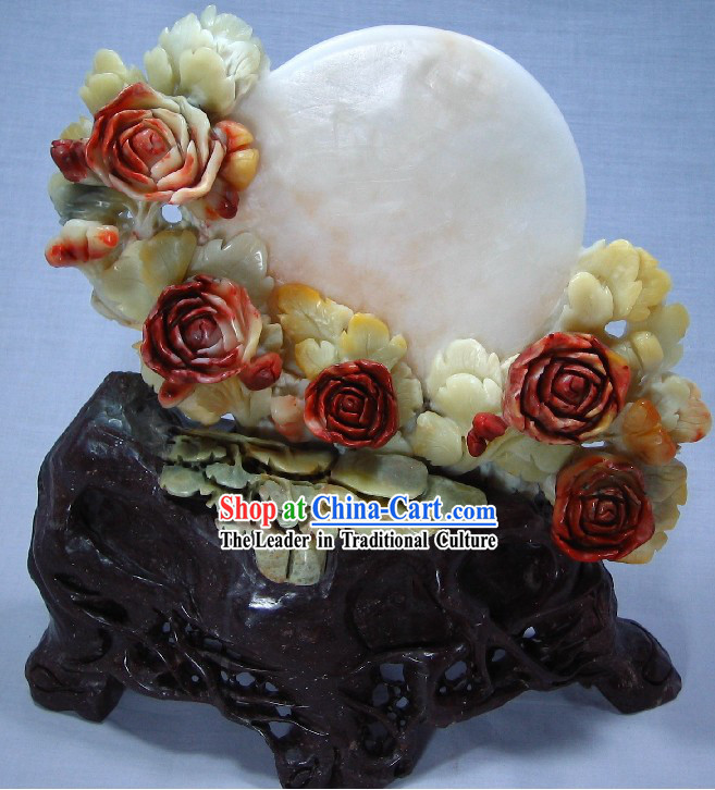 Natural Qingtian Jade Moon and Flower Sculpture