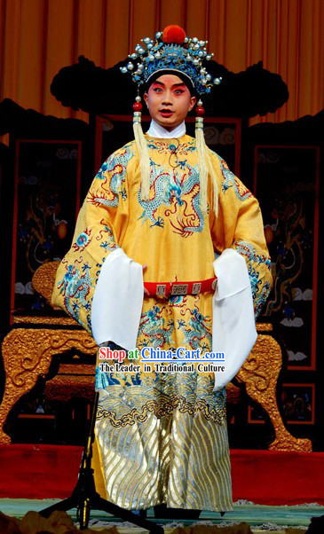 Chinese Traditional Opera Embroidered Emperor Dragon Clothing and Hat Set for Children