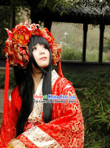 Chinese Traditional Red Wedding Dress and Hair Accessories Complete Set for  Women