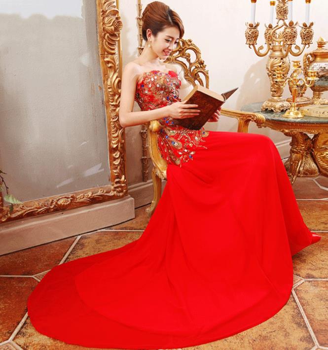 Stunning Chinese Red Wedding Phoenix Evening Wear