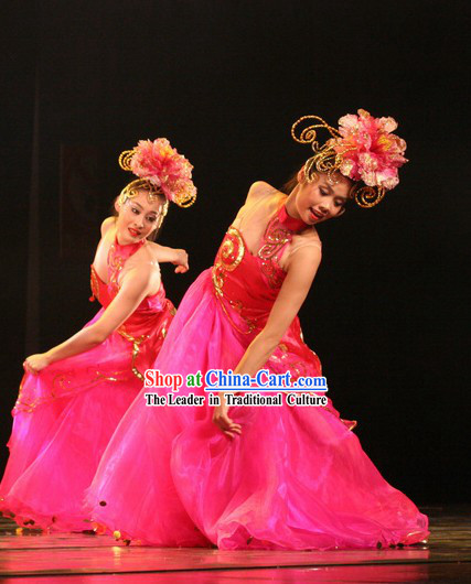 Chinese Opening Dance Costume and Flower Hair Decoration Set
