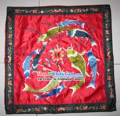 Lucky Red Hands Embroidered Fishes Cushion Cover of Chinese Traditional Wedding