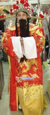 Chinese Ancient Celebration Cai Shen _God of Wealth_ Costumes and Beard and Hat Complete Set