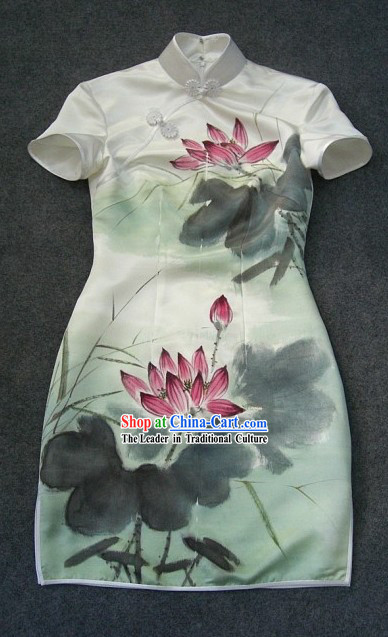 Chinese Hand Painted Silk Lotus Short Qipao