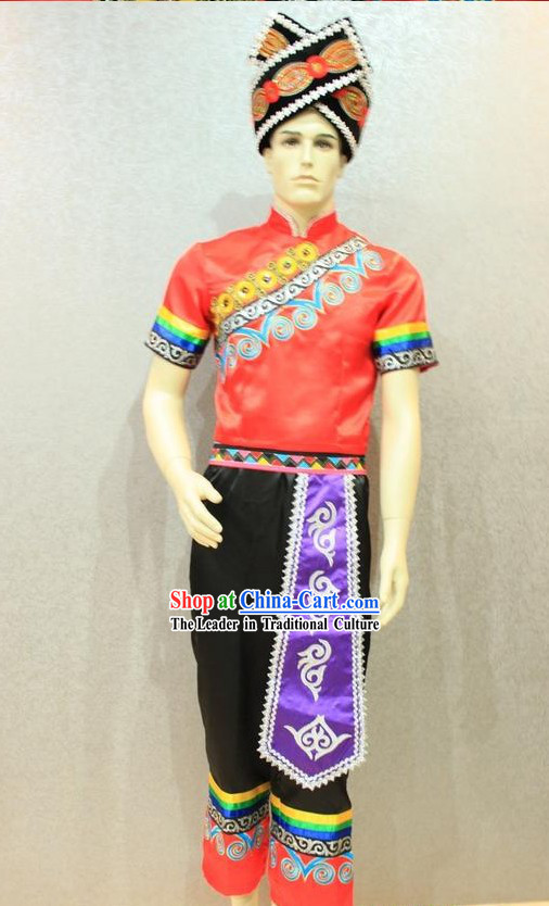 Traditional Chinese Zhuang Clothing and Hat Complete Set