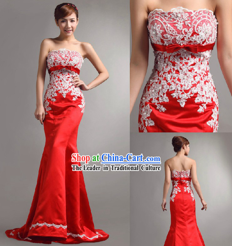 Stunning Chinese Red Bride Fish Tail Evening Dress