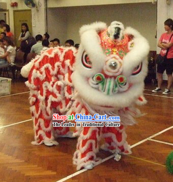 Red Base White Wool Top Lion Dance Head and Costume Complete Set