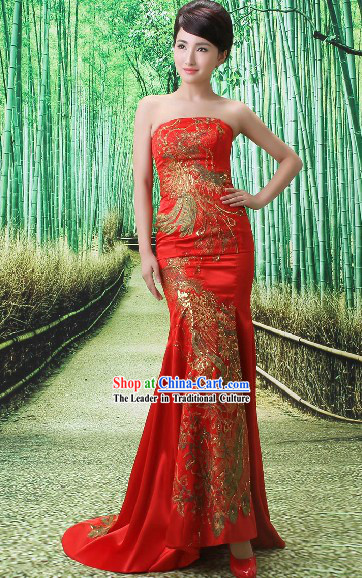 Chinese Style Red Phoenix Evening Dress for Brides