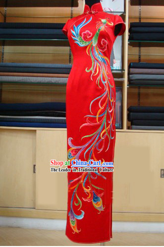 Lucky Red Chinese Embroidered Phoenix Wedding Qipao