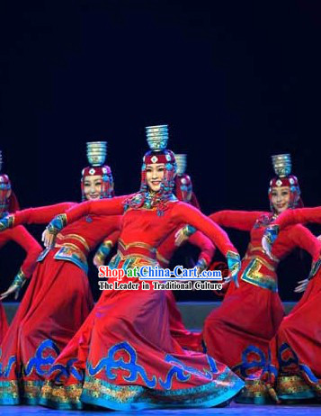 Traditional Mongolian Bowl Dance Costume and Hat for Women