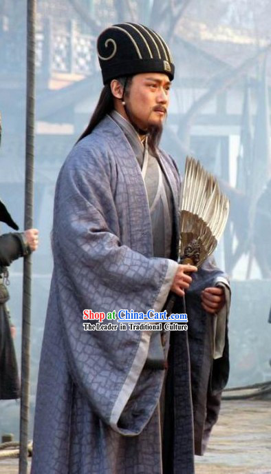 Three Kingdoms Zhuge Liang Costumes and Hat Complete Set for Men