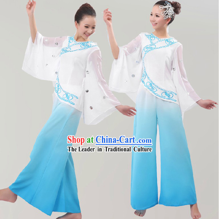 Chinese White and Blue Fan Dance Costumes for Women