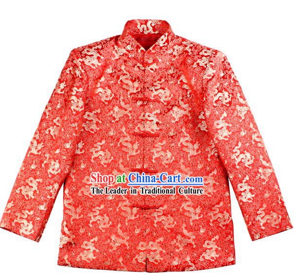 Ancient Chinese Lucky Red Dragon Wedding Blouse for Bridegrooms