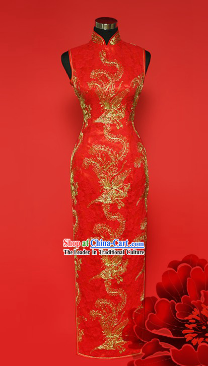 Chinese Stunning Red Gold Phoenix Wedding Cheongsam