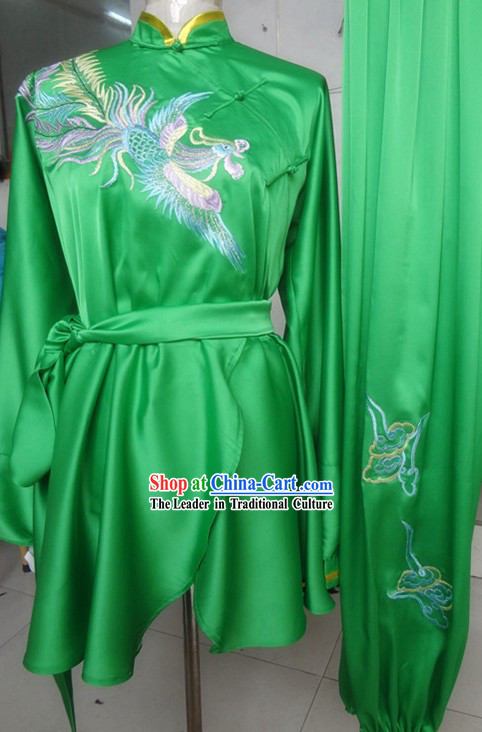 Classic Green Embroidered Phoenix Silk Martial Arts Uniform