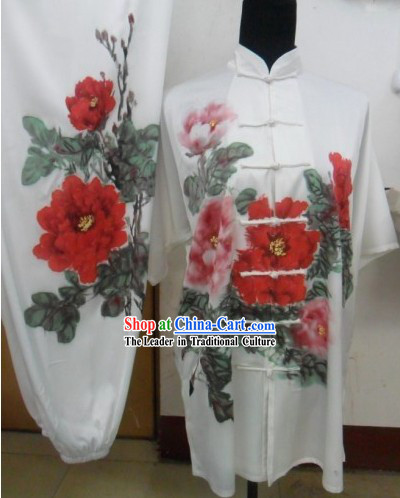 Short Sleeve Silk Hand Painted Peony Tai Chi Performance Uniform for Women