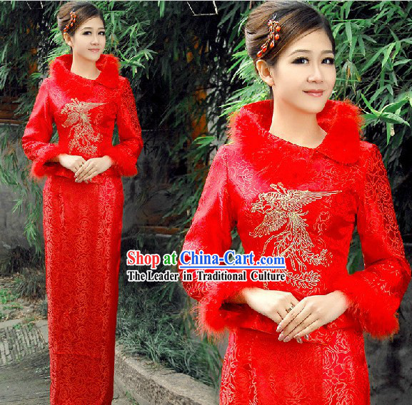 Traditional Chinese Red Phoenix Wedding Dress Set for Brides