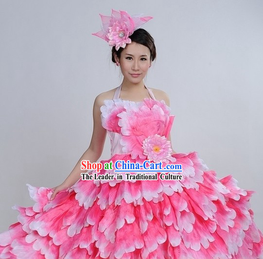 Pink Color Transition Flower Dance Costumes and Headpiece Complete Set for Women