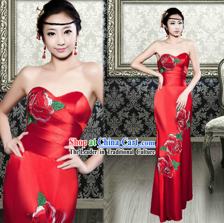 Chinese Classic Red Peony Evening Dress for Women